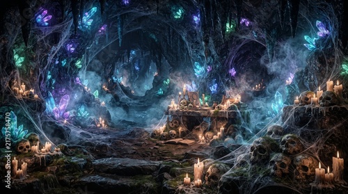 A mystical cave background with glowing crystals, ancient skulls, candles, spider webs, and mysterious smoke, dark fantasy Halloween setting, 8k.