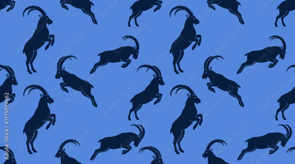 Fototapeta premium Seamless Ibex Silhouette Pattern on Blue Background