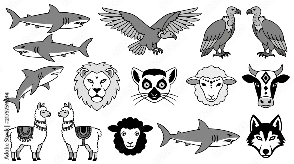 Naklejka premium Vector Animal Icon Collection with Sharks Vultures Lion and Farm Animals