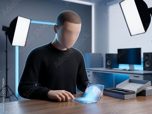 Faceless 3D Tech Reviewer Inspecting Smartphone at Desk