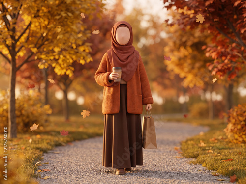 Faceless 3D Muslim Woman Walking in Autumn Park with Coffee