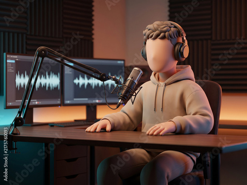 Faceless 3D Podcaster Speaking into Studio Microphone with Headphones