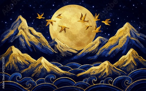 Golden full moon rising over dark blue stylized mountains with a flock of birds flying across the night sky in a traditional east asian ink wash painting style with swirling wave patterns below