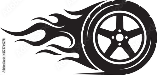 Black car wheel icon with stylized flames for racing and automotive speed design concepts.