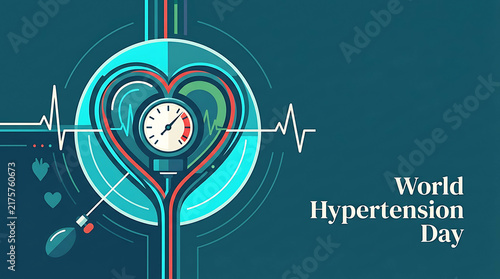 Abstract illustration representing world hypertension day with heartbeat and blood pressure monitor graphic
