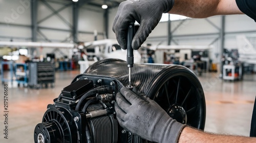 A technician performing maintenance on a small aircraft engine in a hangar
