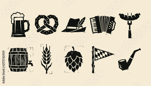 Bavarian Festival Icon Set in Rustic Linocut Style for Event Design