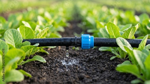 Drip irrigation system watering young green leafy plants in the garden
