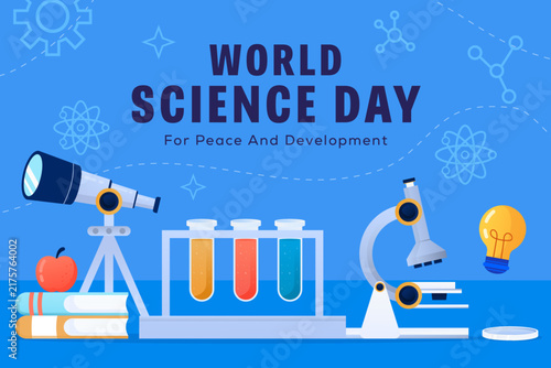 World Science Day Landscape Banner with Telescope and Chemistry