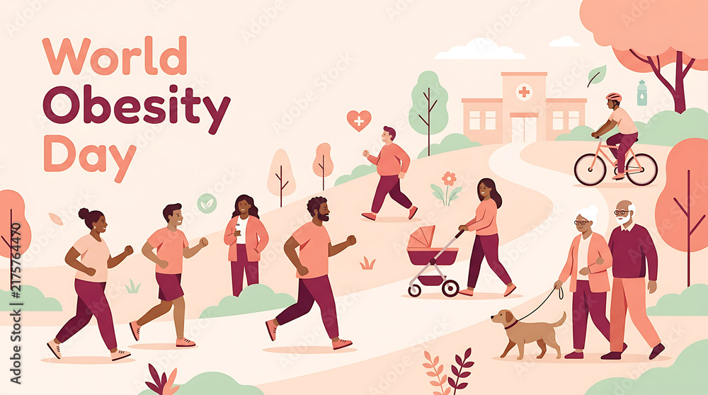 Fototapeta premium World Obesity Day promotes healthy lifestyle activities like running walking cycling and dog walking in park