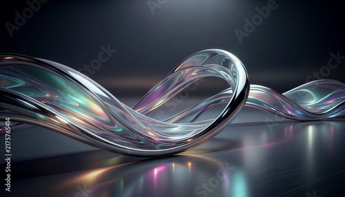 Abstract iridescent chrome liquid twisting into curved shapes against dark reflective background