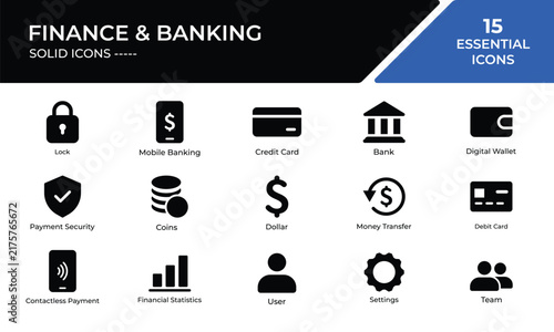 Finance and banking solid icons collection for secure online transactions, mobile applications, financial dashboards, payment systems, and user interface design.