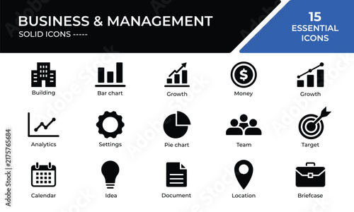 Business and management solid icons collection for corporate presentations, financial reports, web interface, mobile application, and user experience design.