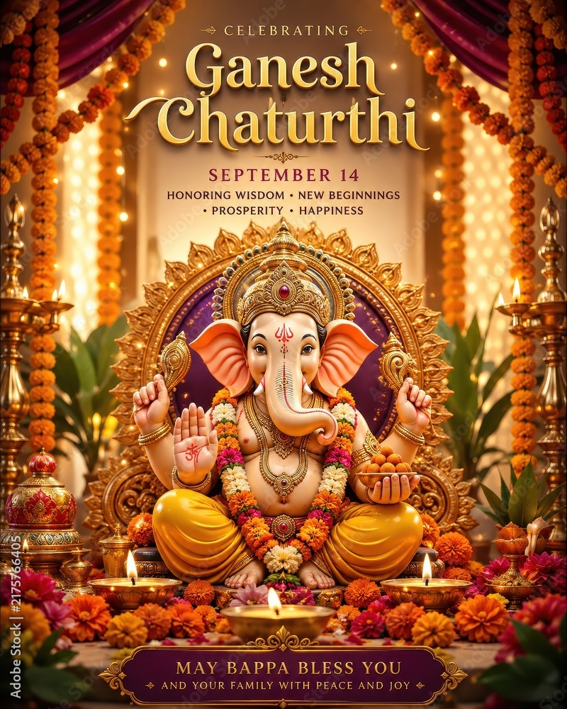 Fototapeta premium Ganesh Chaturthi celebration with Lord Ganesha idol, decorated with flowers and lights, inviting blessings and prosperity
