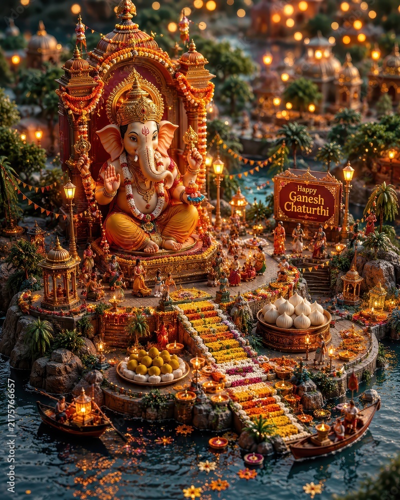 Fototapeta premium Grand Ganesha idol decorated with lights and offerings, celebrating Ganesh Chaturthi festival with devotion and joy