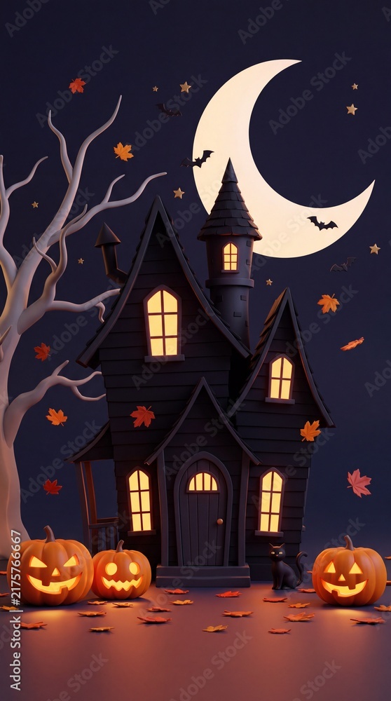 Fototapeta premium Halloween-themed illustration of a spooky house with glowing windows, pumpkins, bats, and a crescent moon against a dark background