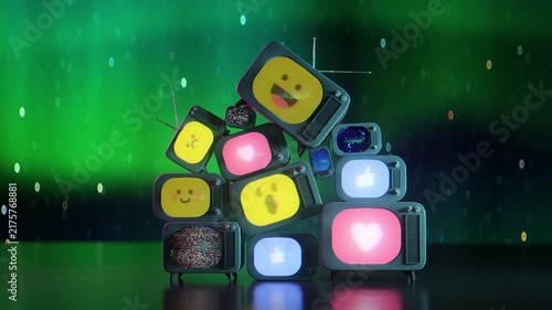 Vintage CRT TV sets stacked together, glowing with generic custom-designed social media emojis, hearts, thumbs up likes, and static noise. 3D Render Loop Animation