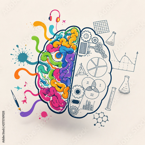 AI generated split brain combining colorful creative art science gears charts laboratory symbols representing creativity logic intelligence innovation analytical thinking