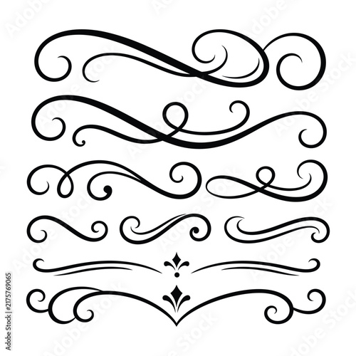 Vintage calligraphic text dividers set, decorative swirl flourishes and filigree border lines for wedding invitation design