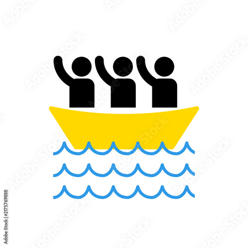 Quadro su tela Refugee concept featuring multiple people traveling together on a ship, representing migration, displacement, resettlement, humanitarian movement, and seeking safety