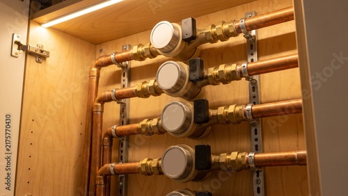 Foto Apartment water submeter manifold with wireless transmitters