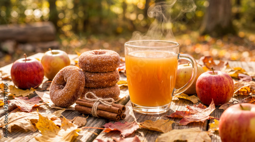 Steaming Hot Apple Cider With Cinnamon Sticks And Fresh Donuts Served On A Rustic Wooden Table Amidst Vibrant Autumn Leaves In Sunlight