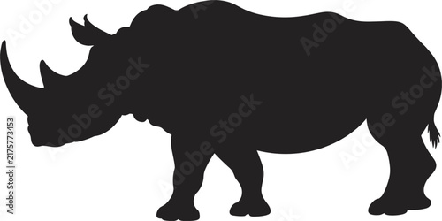 Black silhouette of a rhinoceros standing in profile, isolated on a white background, wild animal safari wildlife nature conservation symbol
