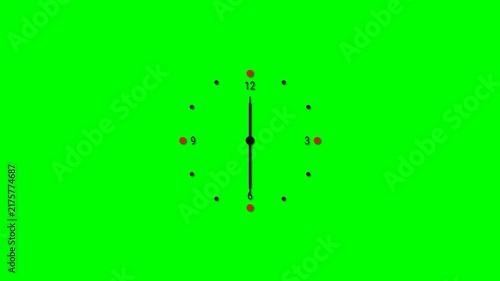 Minimal Analog Clock Animation with Moving Black Hour and Minute Hands, Red Second Hand, Numbers and Circular Hour Markers on Green Screen. Simple Time Motion Graphic for Timer, Schedule and Interface