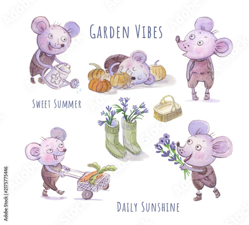 Watercolor cute mouse gardener set with lavender flowers and pumpkins. Hand drawn funny mice characters with garden vibes lettering text. Isolated farm animals sticker pack in cozy nursery style.