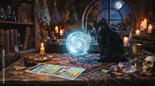Mystical Halloween Scene with Crystal Ball Tarot Cards and Black Cat