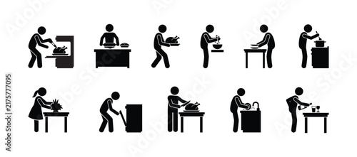 Thanksgiving Stick Figure Silhouette Set Cooking Serving Family Dinner Table Setting Feast Vector Design