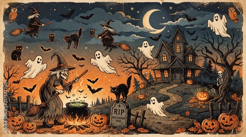 Vintage Halloween Background with Retro Witches Ghosts and Black Cats Illustration