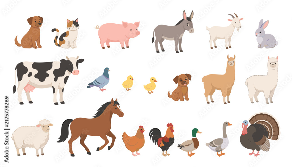 Fototapeta premium Cute Farm Animals and Domestic Pets Vector Icon Mega Set Featuring Cow Horse Pig Sheep Goat Alpaca Donkey Dog Cat Rabbit Chicken Rooster Duck Turkey and Pigeon Isolated on White Background