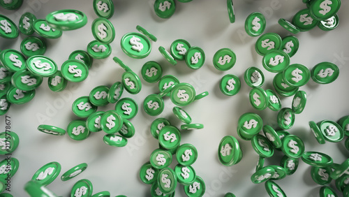 Falling Green Coins With Dollar Symbols 3D Render