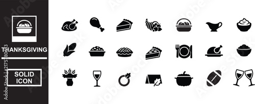 Thanksgiving Solid Icon Set Turkey Pumpkin Pie Cornucopia Harvest Family Dinner Feast Vector Design