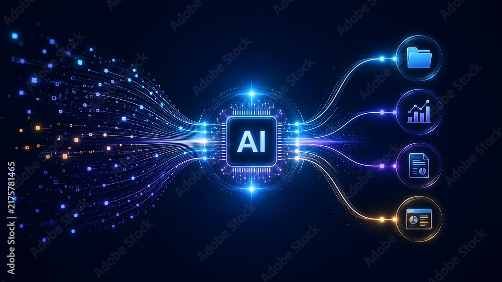 Naklejka premium Artificial intelligence microprocessor routing digital data streams to document folders and analytics dashboards for automated business management.