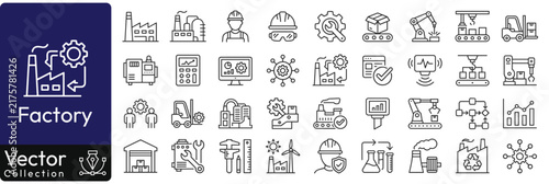  Factory and manufacturing Web Icon Set in Linear Style. Collection of manufacturing line icons, including automation, plants, industrial, production, machine, warehouse and more. Editable stroke 