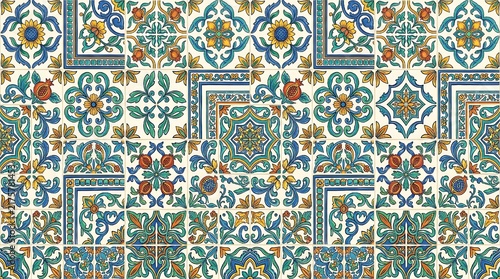 Mediterranean tile. Seamless pattern. Vector illustration of floral Italian tiles and mosaics, geometric ornament, Amalfi ceramics for background, fabric, packaging or