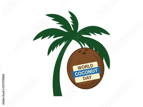 Green palm tree graphic with brown coconut against a clean white background