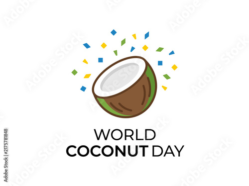 Fresh tropical coconut fruit sliced in half with colorful festive confetti floating above against a clean white background