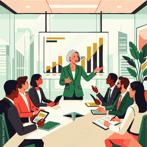 Professional Business Meeting in Modern Office with Presentation Charts for Corporate Training and Team Collaboration