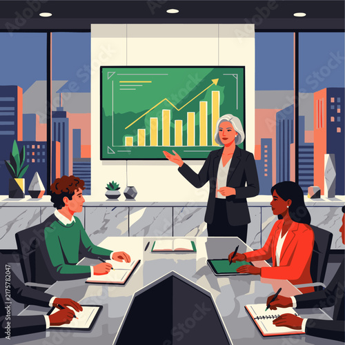 Dynamic Business Meeting in Modern Office with Graph Presentation for Corporate Strategy and Team Collaboration