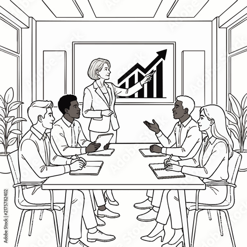 Dynamic Business Meeting with Professional Team and Growth Chart Presentation, Concept for Corporate Strategy, Training Sessions and Team Collaboration