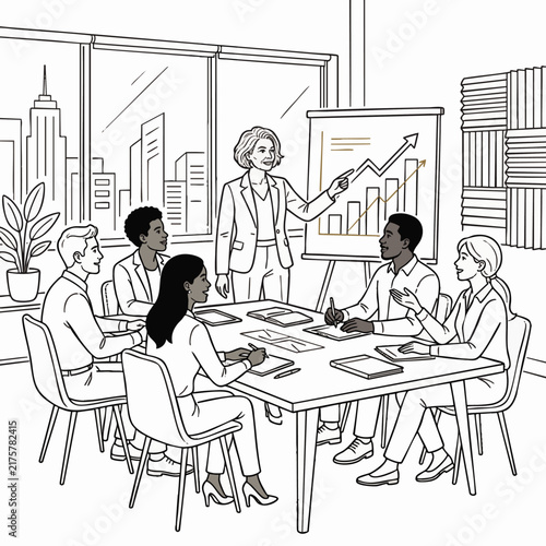 Professional Team Meeting in Modern Office with Presentation Board for Corporate Collaboration, Business Strategy and Teamwork Concepts