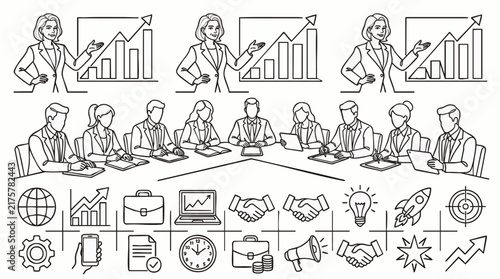 Dynamic Business Meeting Scene with Professional Team and Charts for Corporate Strategy, Marketing Campaigns and Leadership Development