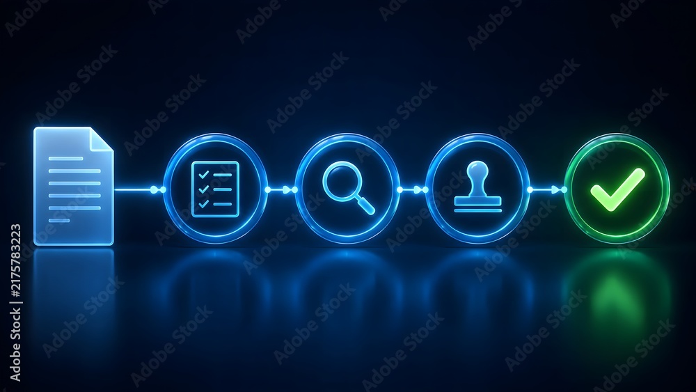 © Zafar - Digital document approval process concept with glowing blue neon icons showing workflow stages from document creation to checkmark completion © Zafar - Digital document approval process concept with glowing blue neon icons showing workflow stages from document creation to checkmark completion