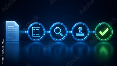 Digital document approval process concept with glowing blue neon icons showing workflow stages from document creation to checkmark completion