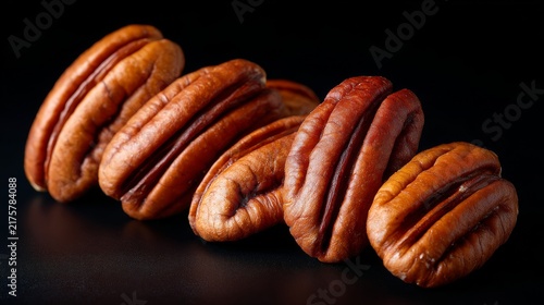 Pecan nuts arranged on dark surface in closeup