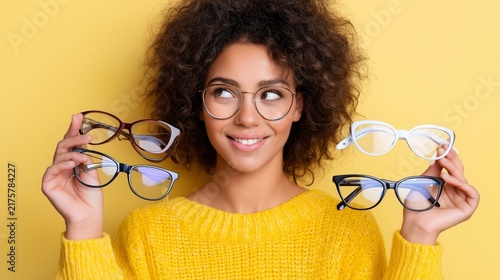 Young woman holding multiple eyeglass frames on yellow background
