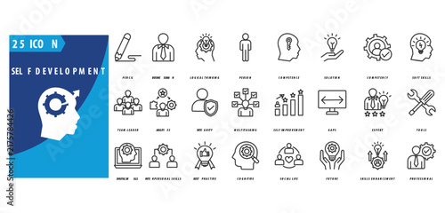 Self-development icon set collection in outline style; the icon pack includes pencil, businessman, logical thinking,
person, competence, solution, competency, soft skills,
team leader, abilities